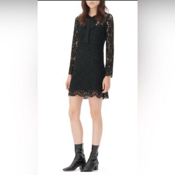 Sandro Black Lace Raoule Long Sleeve Dress with Bow - Picture 1 of 16